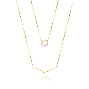 925 Sterling Silver Zirconia Circle V Shape Layered Neckalce 80200146