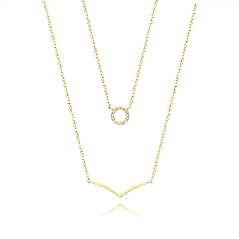 925 Sterling Silver Zirconia Circle V Shape Layered Neckalce 80200146