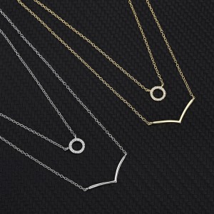 925 Sterling Silver Zirconia Circle V Shape Layered Neckalce 80200146