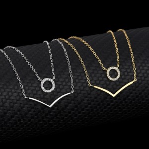 925 Sterling Silver Zirconia Circle V Shape Layered Neckalce 80200146