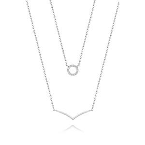 925 Sterling Silver Zirconia Circle V Shape Layered Neckalce 80200146