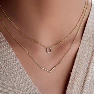 925 Sterling Silver Zirconia Circle V Shape Layered Neckalce 80200146