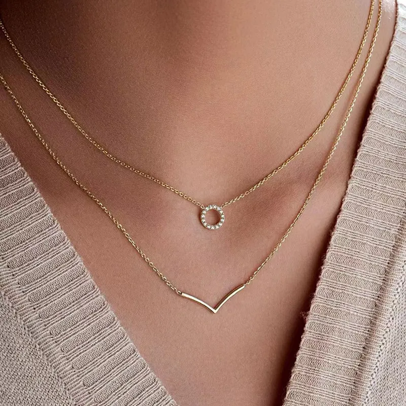 925 Sterling Silver Zirconia Circle V Shape Layered Neckalce 80200146 - image1