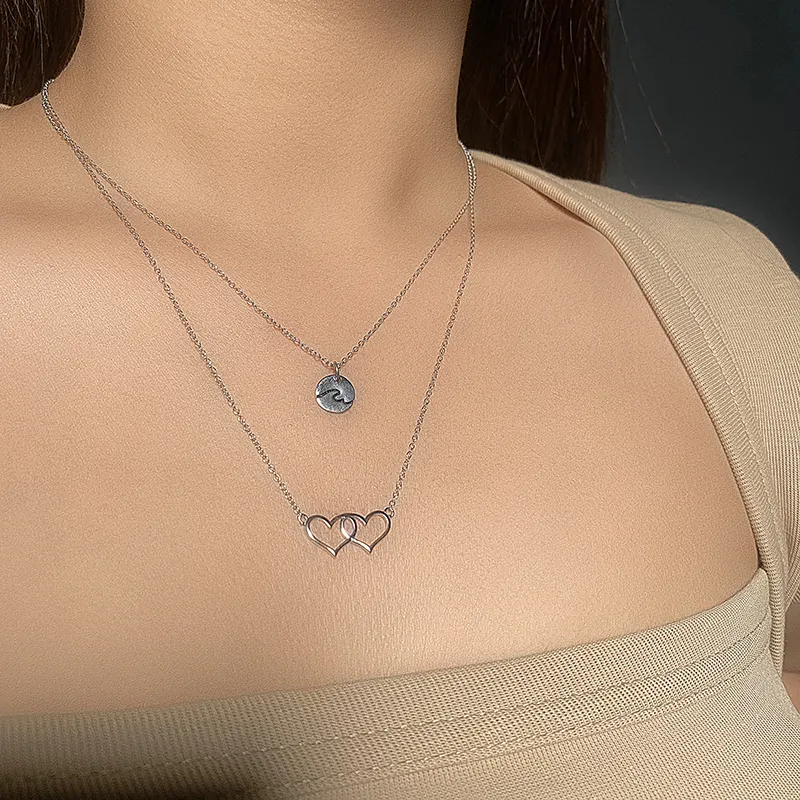 925 Sterling Silver Circle Double Hearts Layered Neckalce 80200147 - image1
