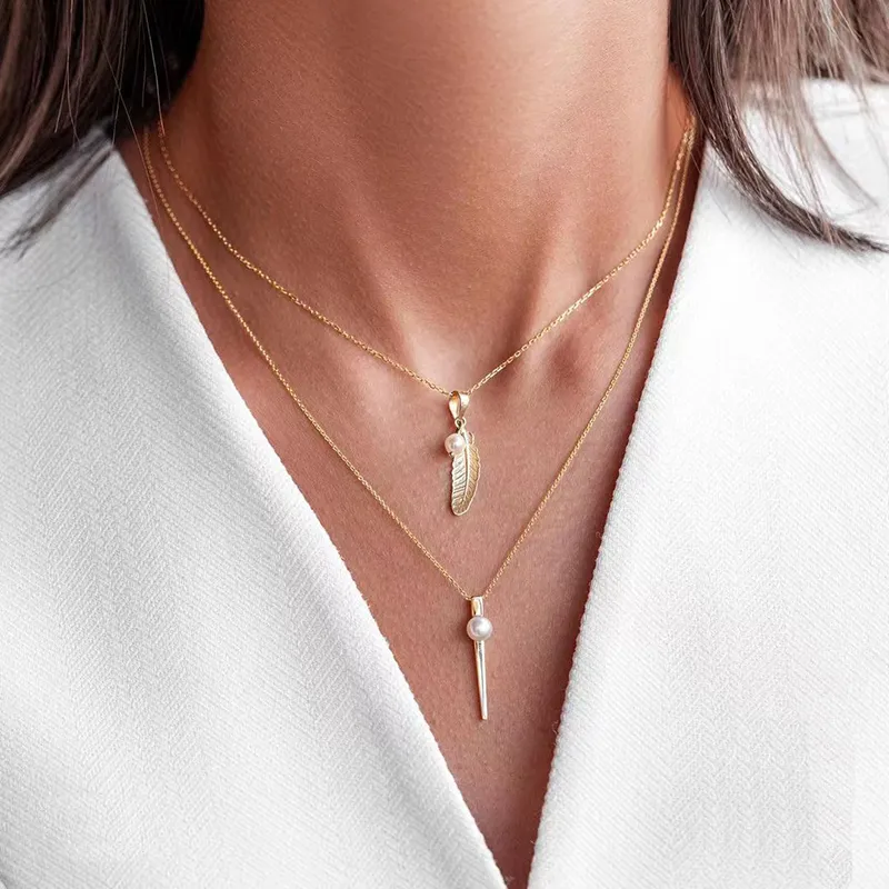 925 Sterling Silver Feather Pearl Layered Neckalce 80200150 - image1