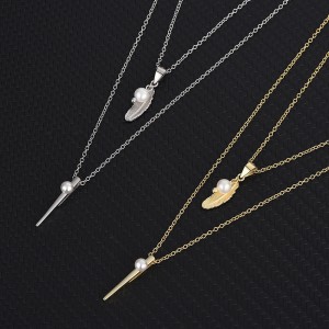 925 Sterling Silver Feather Pearl Layered Neckalce 80200150