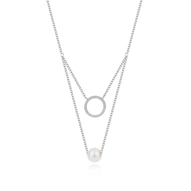 925 Sterling Silver Zirconia Circle Pearl Neckalce 80200155