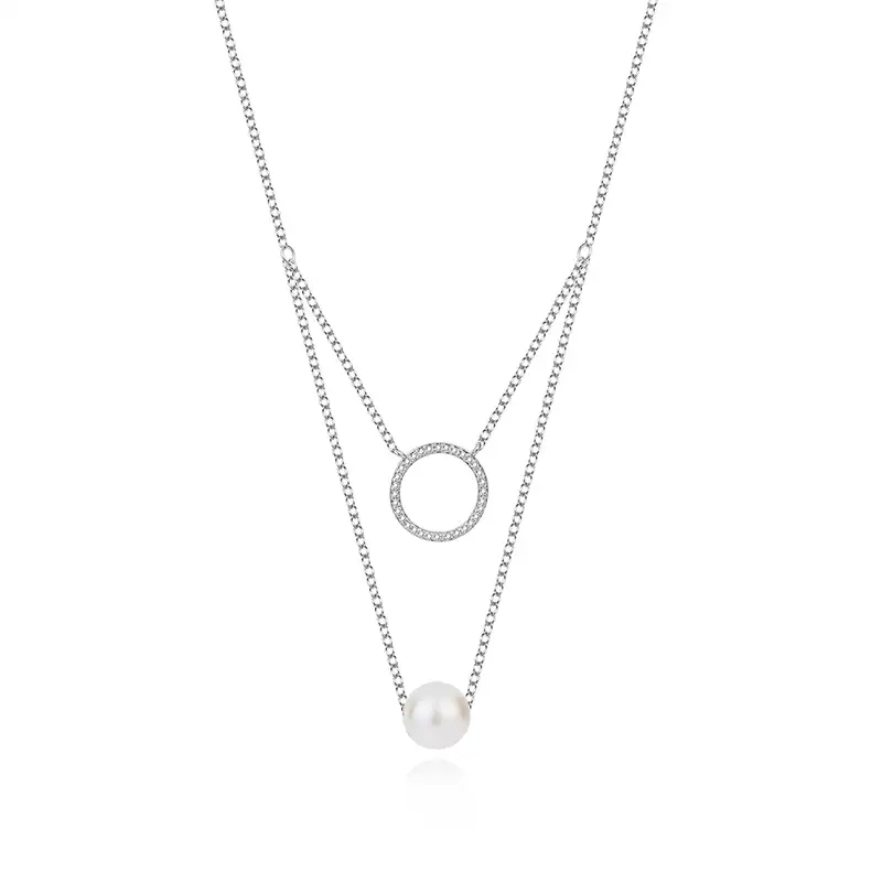 925 Sterling Silver Zirconia Circle Pearl Neckalce 80200155