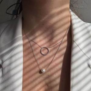 925 Sterling Silver Zirconia Circle Pearl Neckalce 80200155