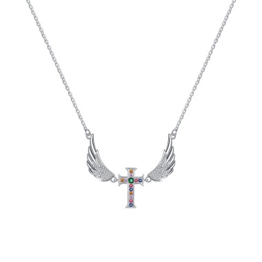 Rainbow Zirconia Wing Cross Pendant Necklaces 80200214
