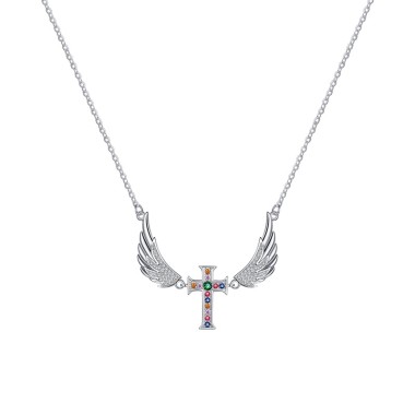 Rainbow Zirconia Wing Cross Pendant Necklaces 80200214