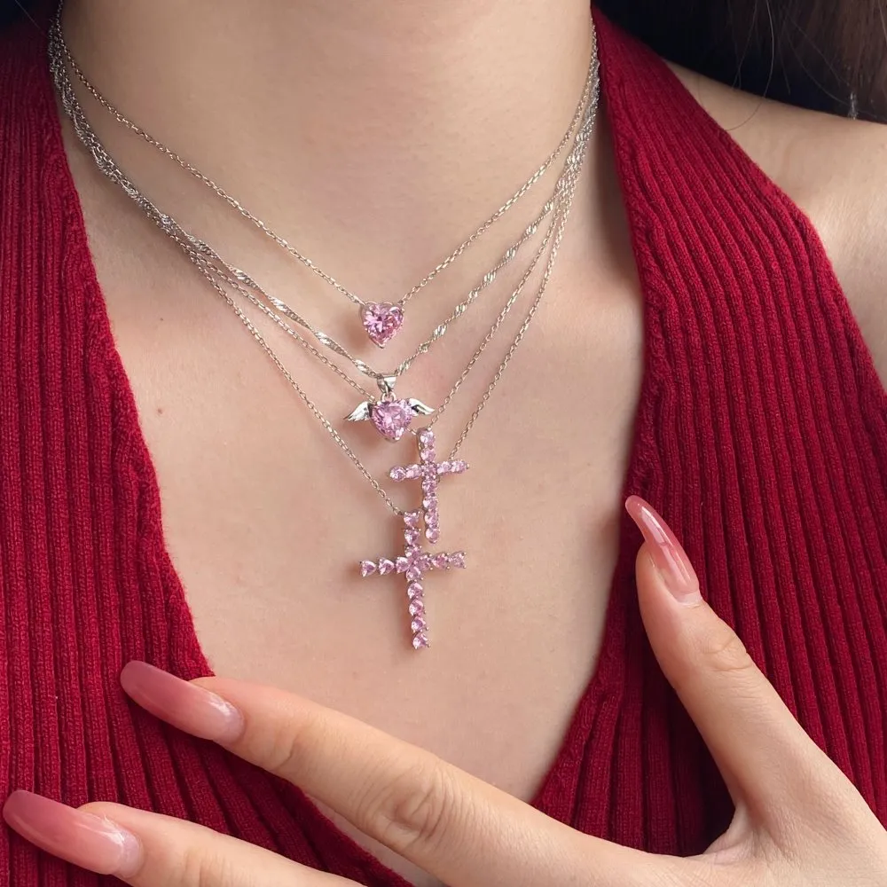 Pink Zirconia Cross Pendant Party Necklace 80200243 - image2