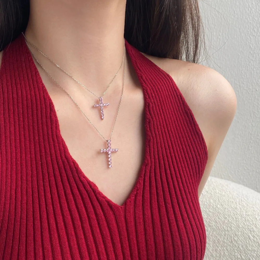 Pink Zirconia Cross Pendant Party Necklace 80200243 - image1