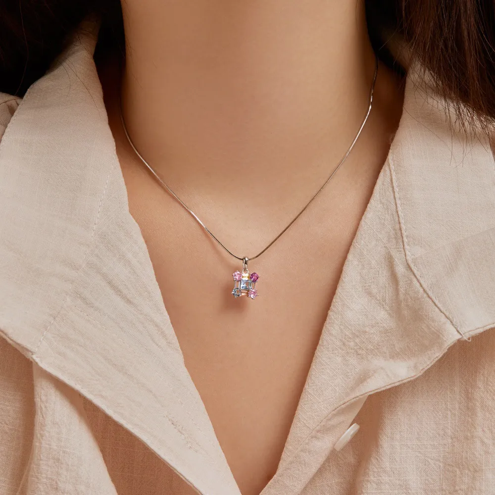 Shiny Rainbow Square Zirconia Pendant Party Necklace 80200281 - image1