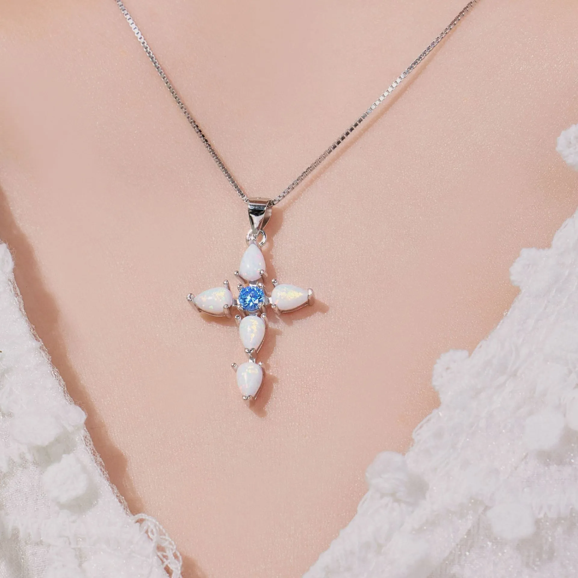 S925 Sparkle Pear-shaped Opal Cross Necklace 80200307 - image1