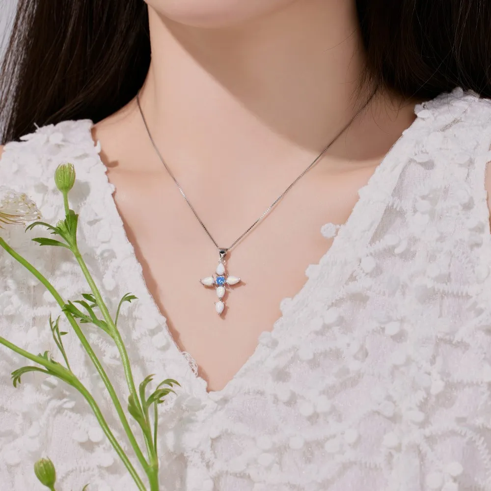 S925 Sparkle Pear-shaped Opal Cross Necklace 80200307 - image2