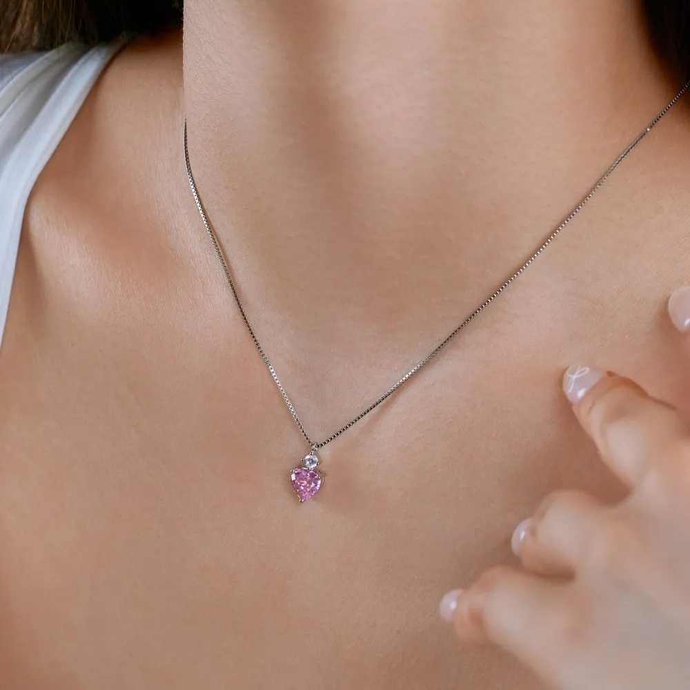 925 Sterling Silver Pink Zirconia Heart Necklace 80200336 - image2