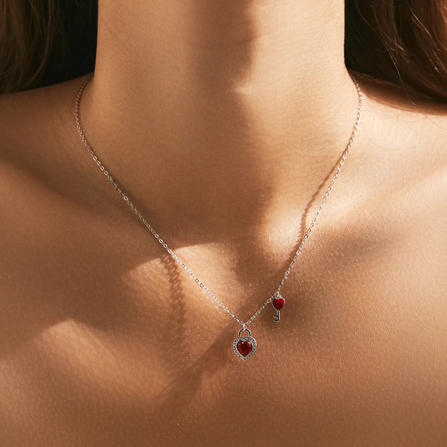 S925 Imitation Garnet Heart Key Necklace 80200368 - image1
