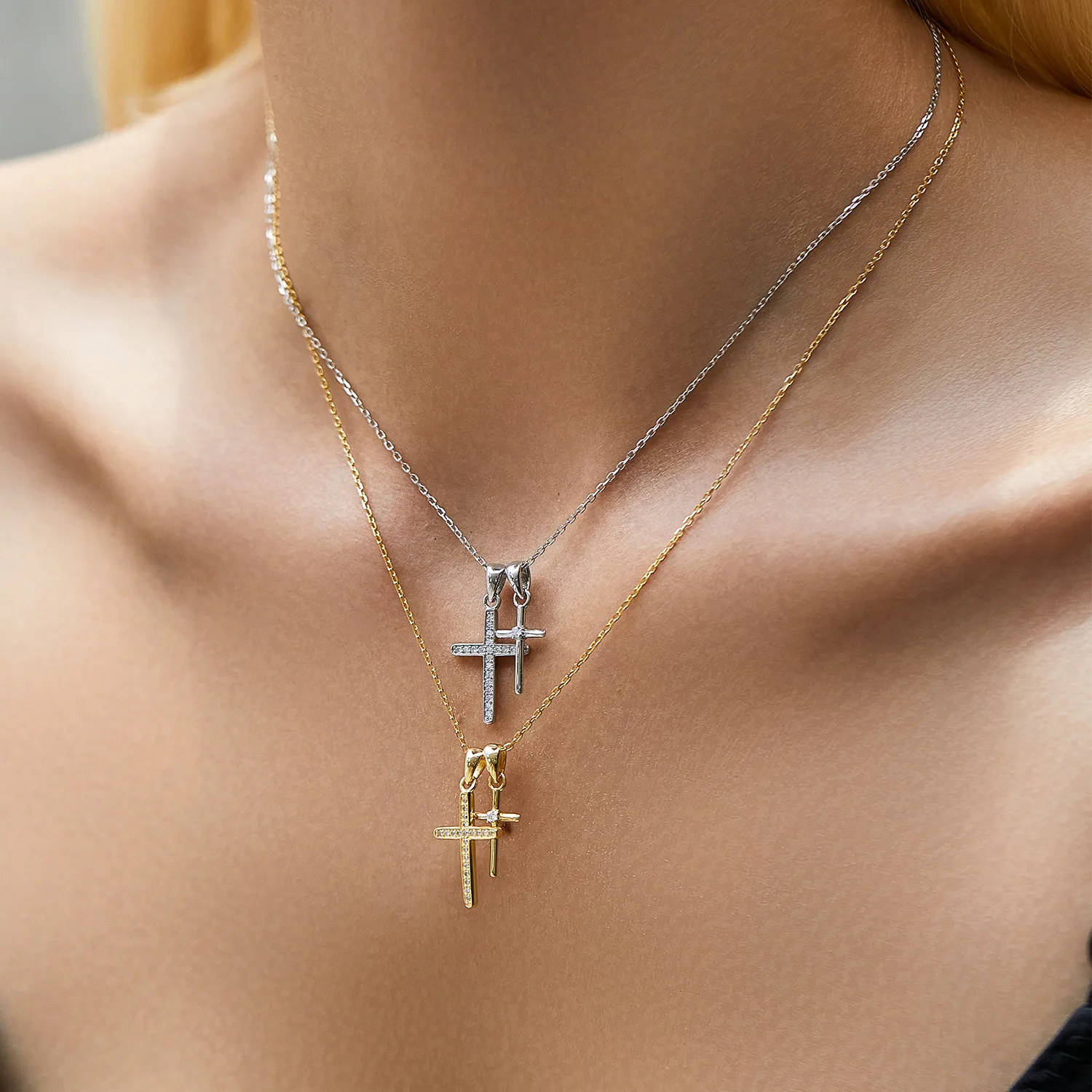 S925 Zirconia Double Cross Pendant Necklace 80200374 - image1