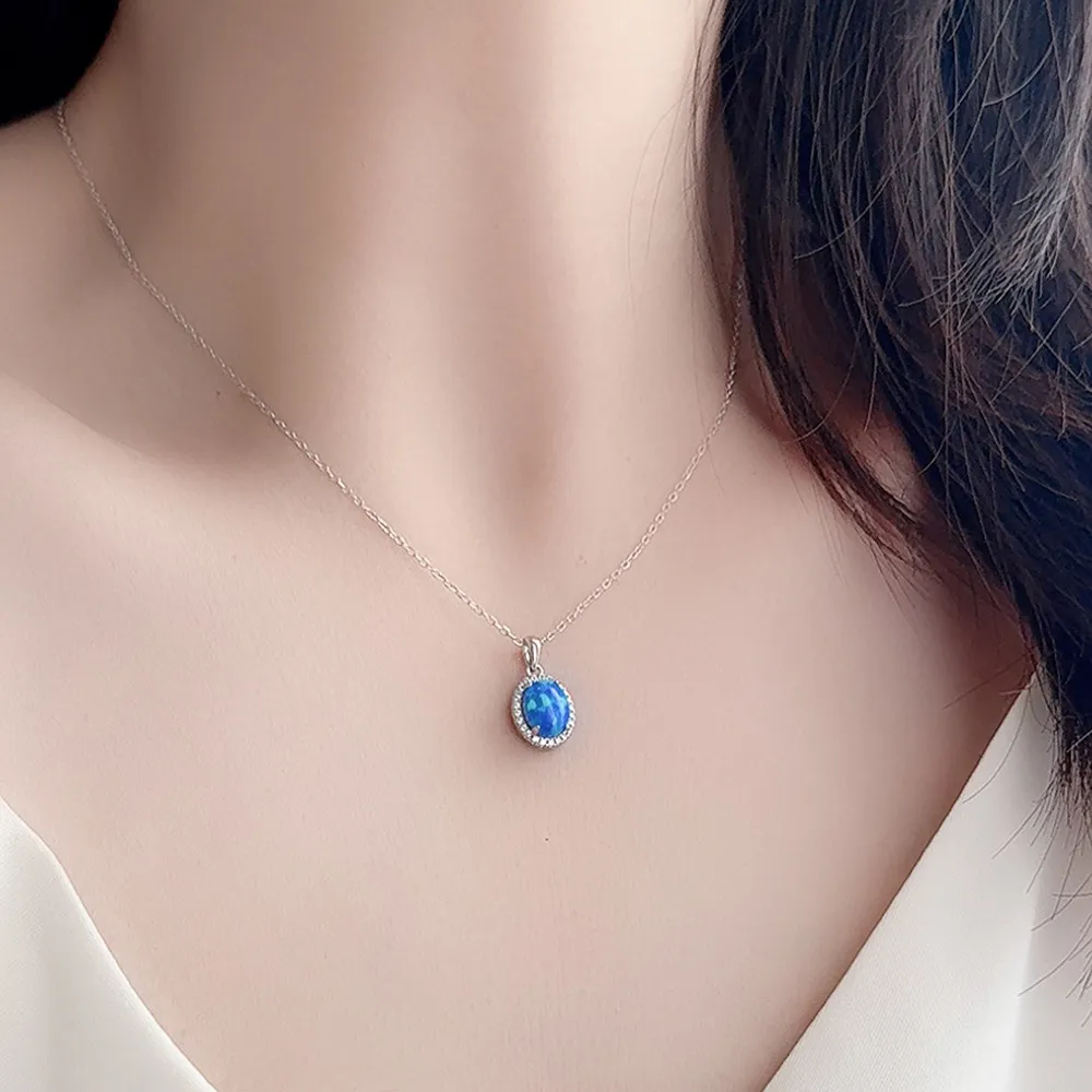 925 Sterling Silver Oval Opal Zircon Halo Pendant Necklace 80200401 - image3
