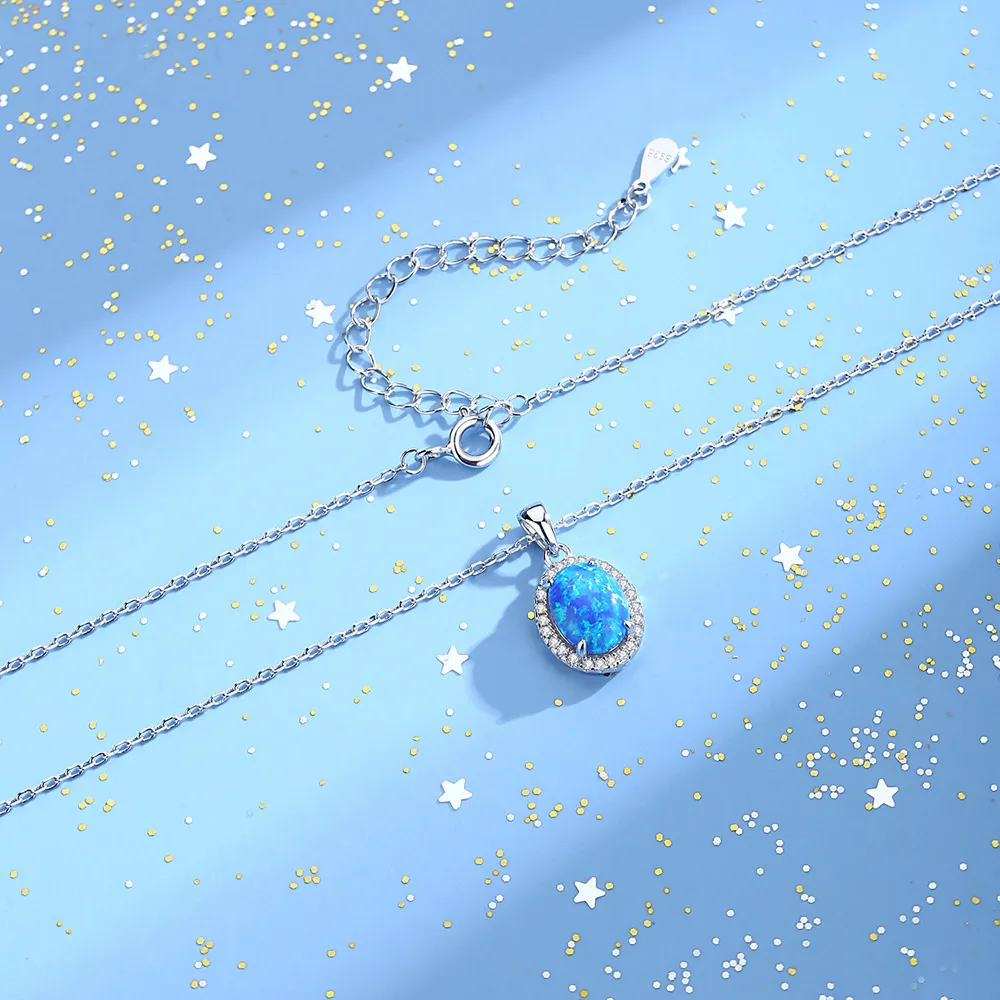 925 Sterling Silver Oval Opal Zircon Halo Pendant Necklace 80200401 - image1