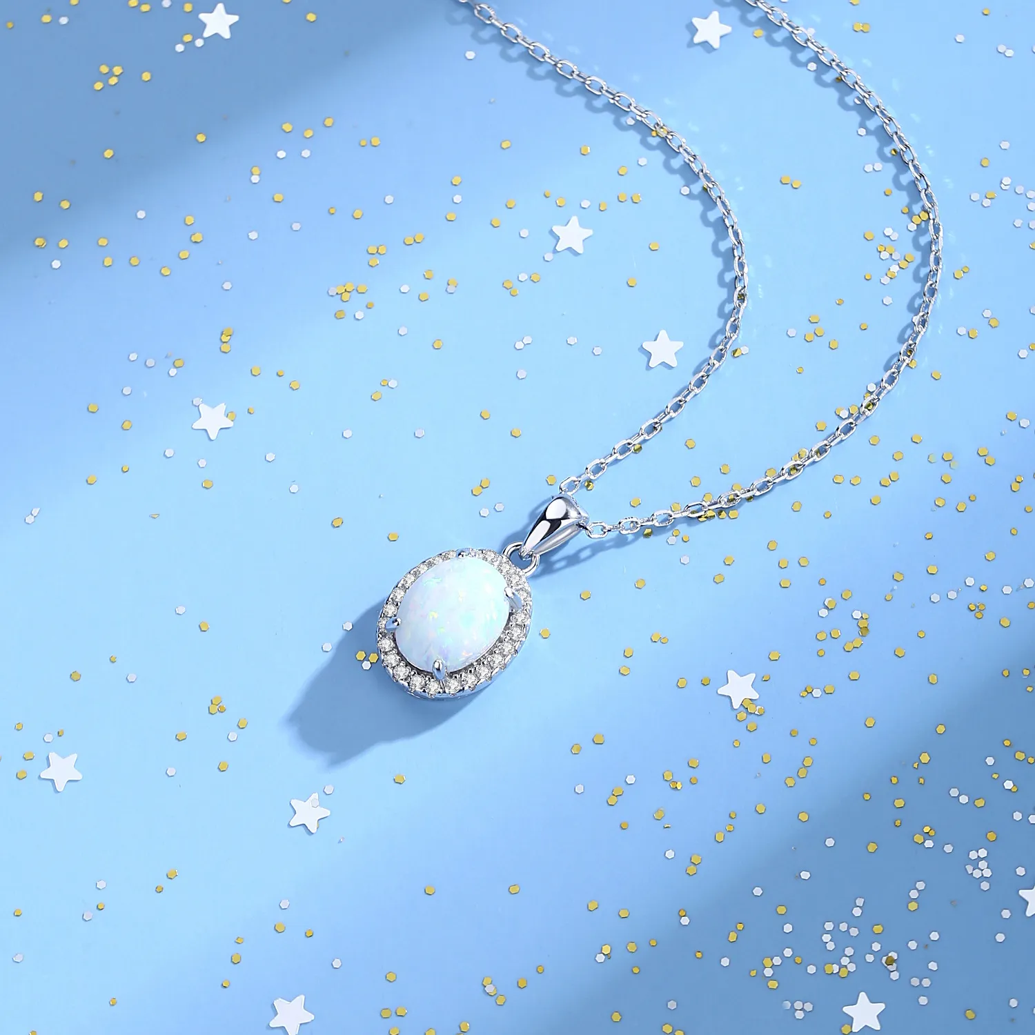 925 Sterling Silver Oval Opal Zircon Halo Pendant Necklace 80200401 - image4