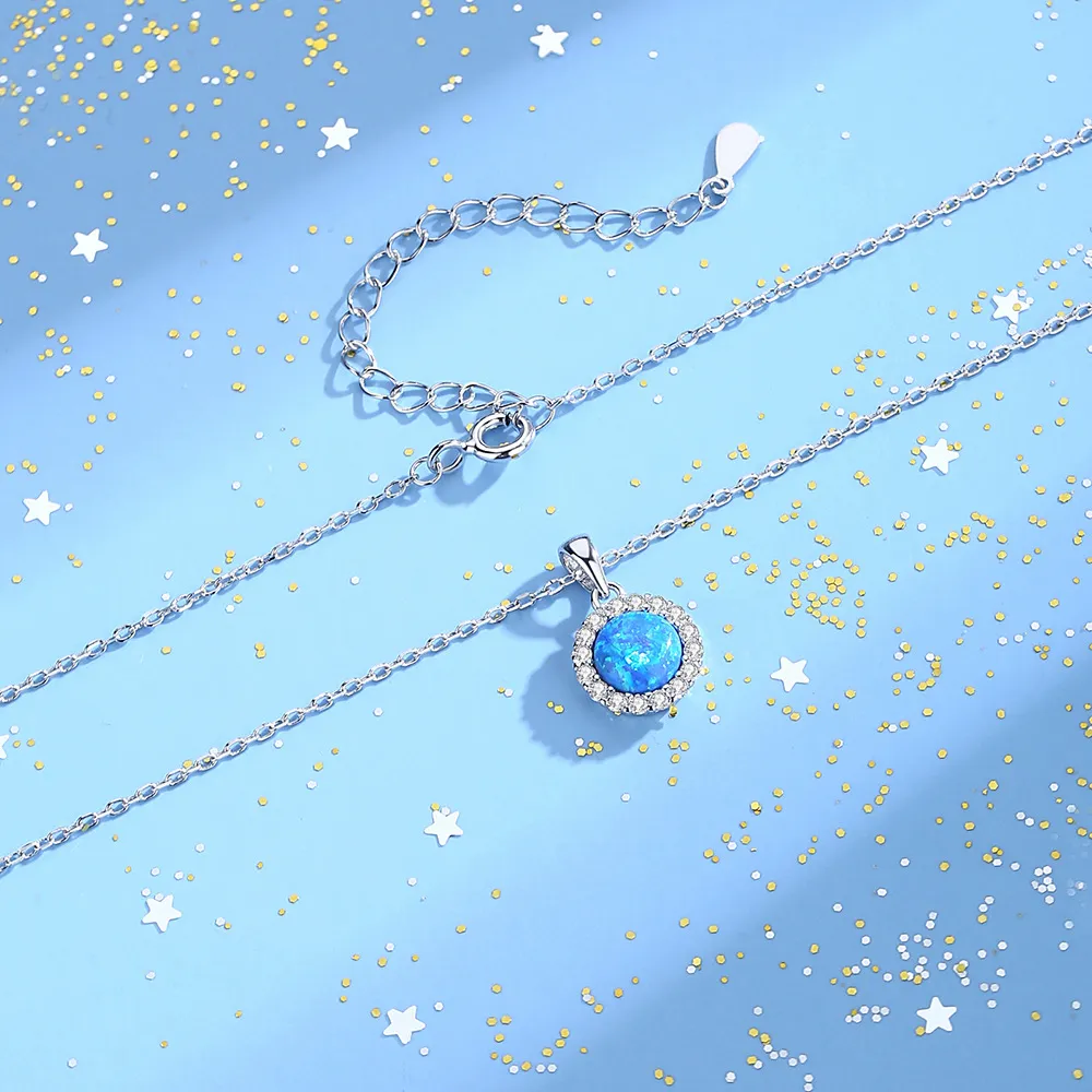 925 Sterling Silver Round Opal Zircon Halo Pendant Necklace 80200402 - image1