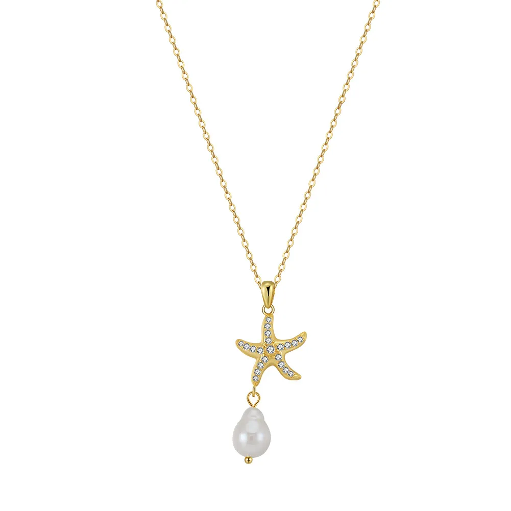 S925 Fresh Water Pearl Zirconia Starfish Necklace 80200415