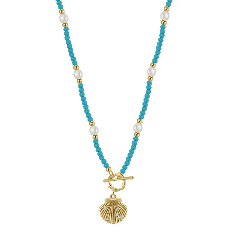 S925 Vintage Blue Turquoise Fresh Water Pearl Shell Necklace 80200421