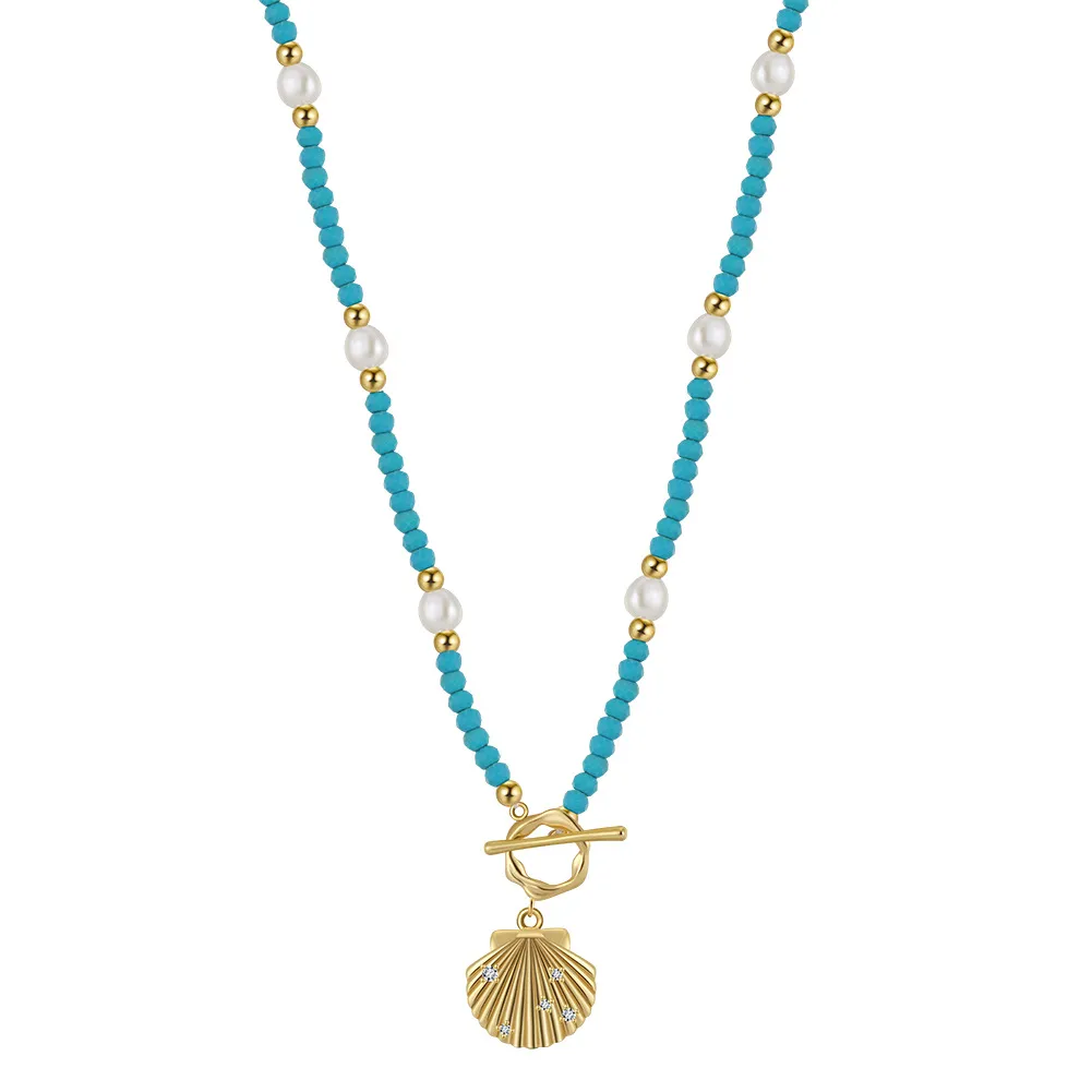 S925 Vintage Blue Turquoise Fresh Water Pearl Shell Necklace 80200421
