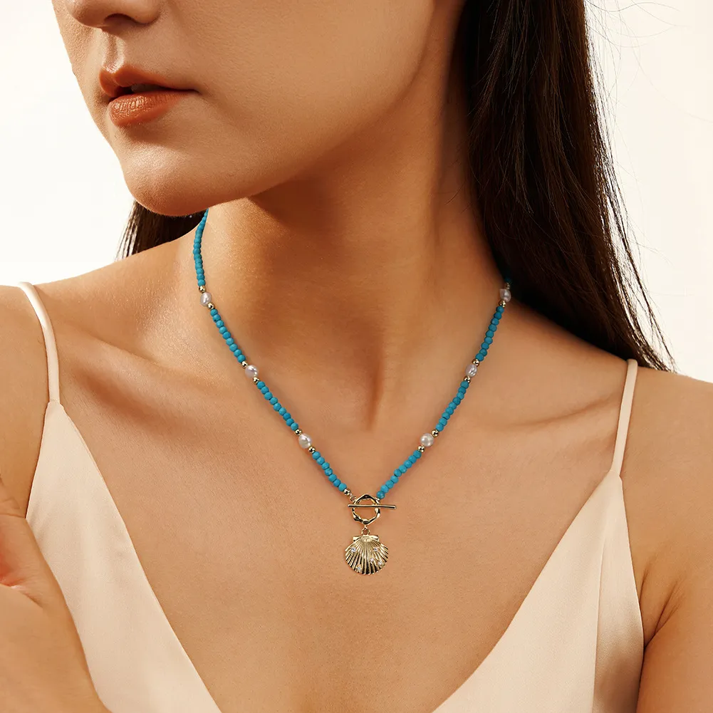 S925 Vintage Blue Turquoise Fresh Water Pearl Shell Necklace 80200421 - image1