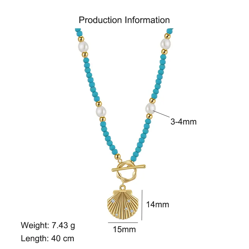 S925 Vintage Blue Turquoise Fresh Water Pearl Shell Necklace 80200421 - image2