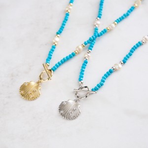 S925 Vintage Blue Turquoise Fresh Water Pearl Shell Necklace 80200421