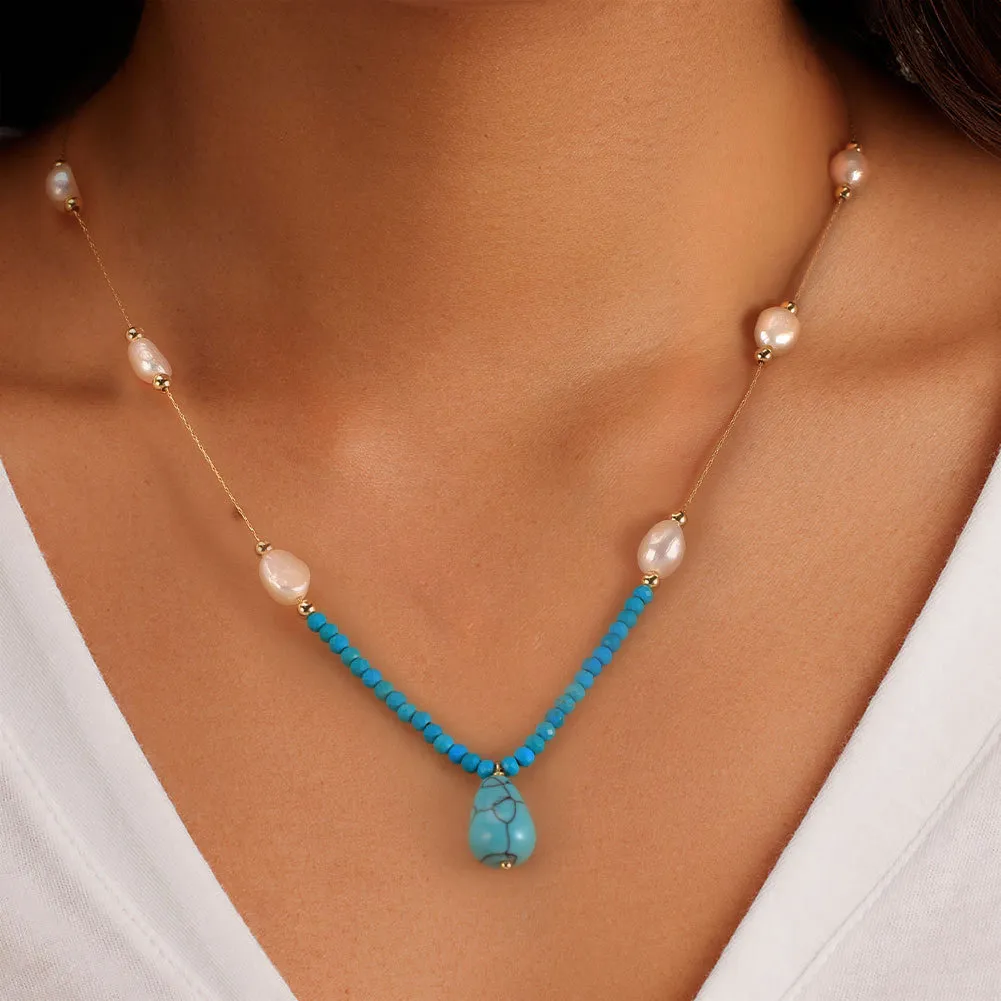 S925 Vintage Turquoise Fresh Water Pearl Necklace 80200423 - image1