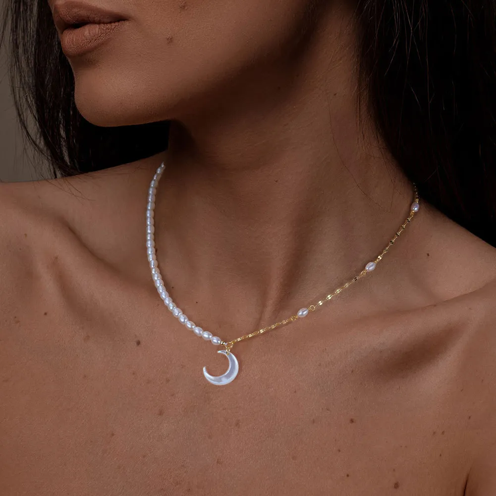 925 Sterling Silver Fresh Water Pearl Crescent Moon Necklace 80200425 - image1