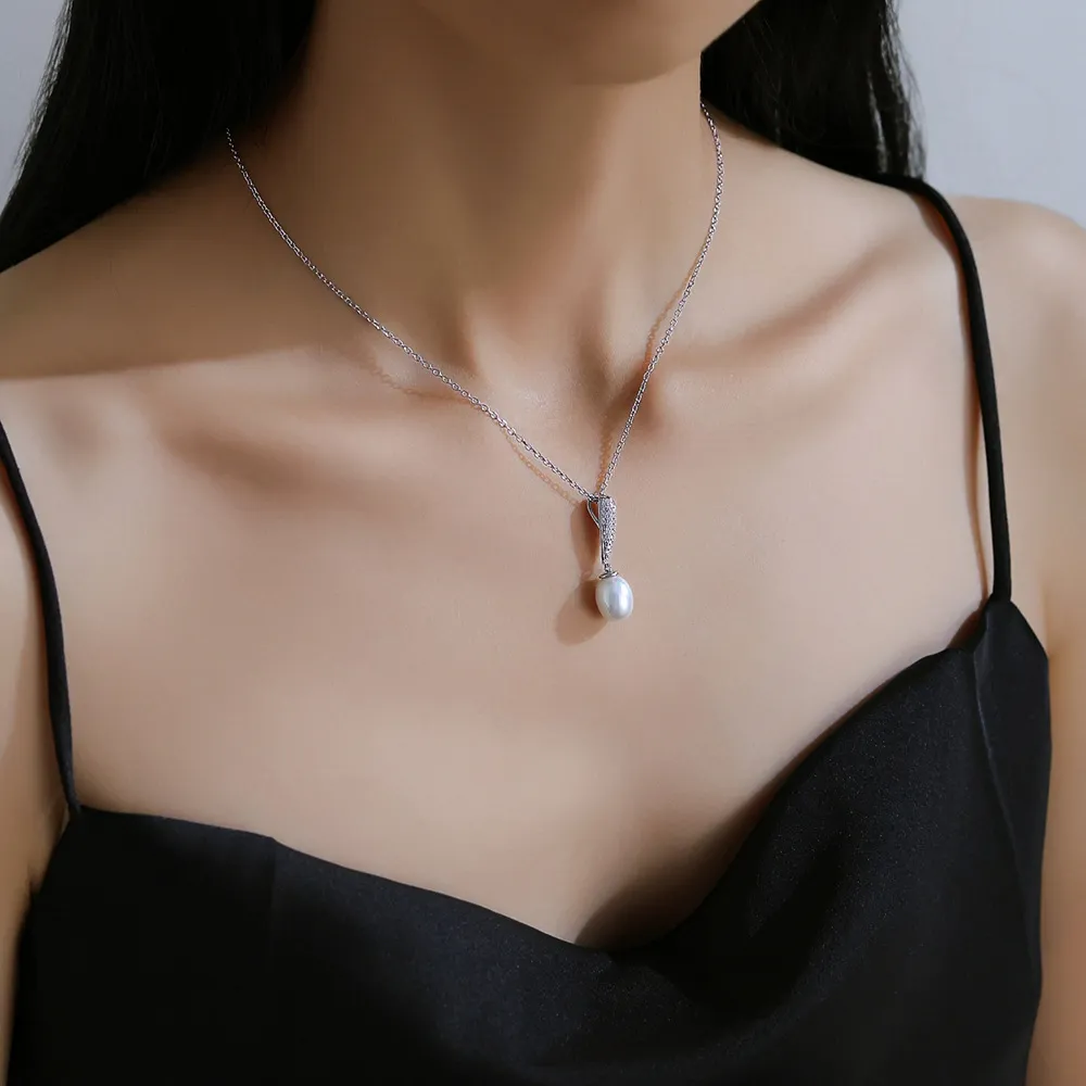 925 Sterling Silver Fresh Water Pearl Zirconia Pendant Necklace 80200441 - image1