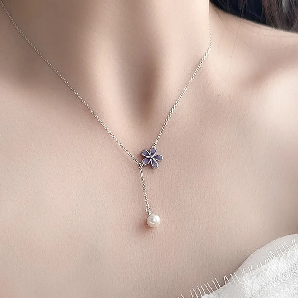 925 Sterling Silver Flower Necklace Pearl Tassel Necklace 80200447 - image1