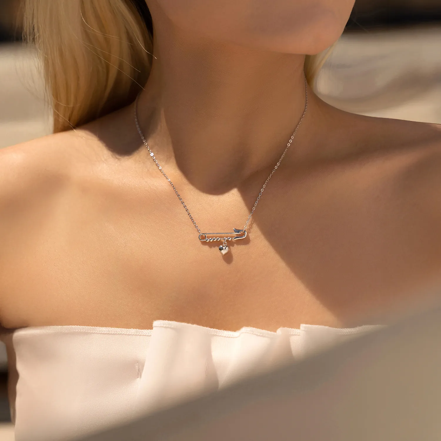 925 Sterling Silver Safety Pin Heart Pendant Necklace 80200448 - image1