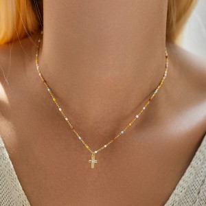 925 Sterling Silver Colorful Beaded Cross Pendant Necklace 80200459