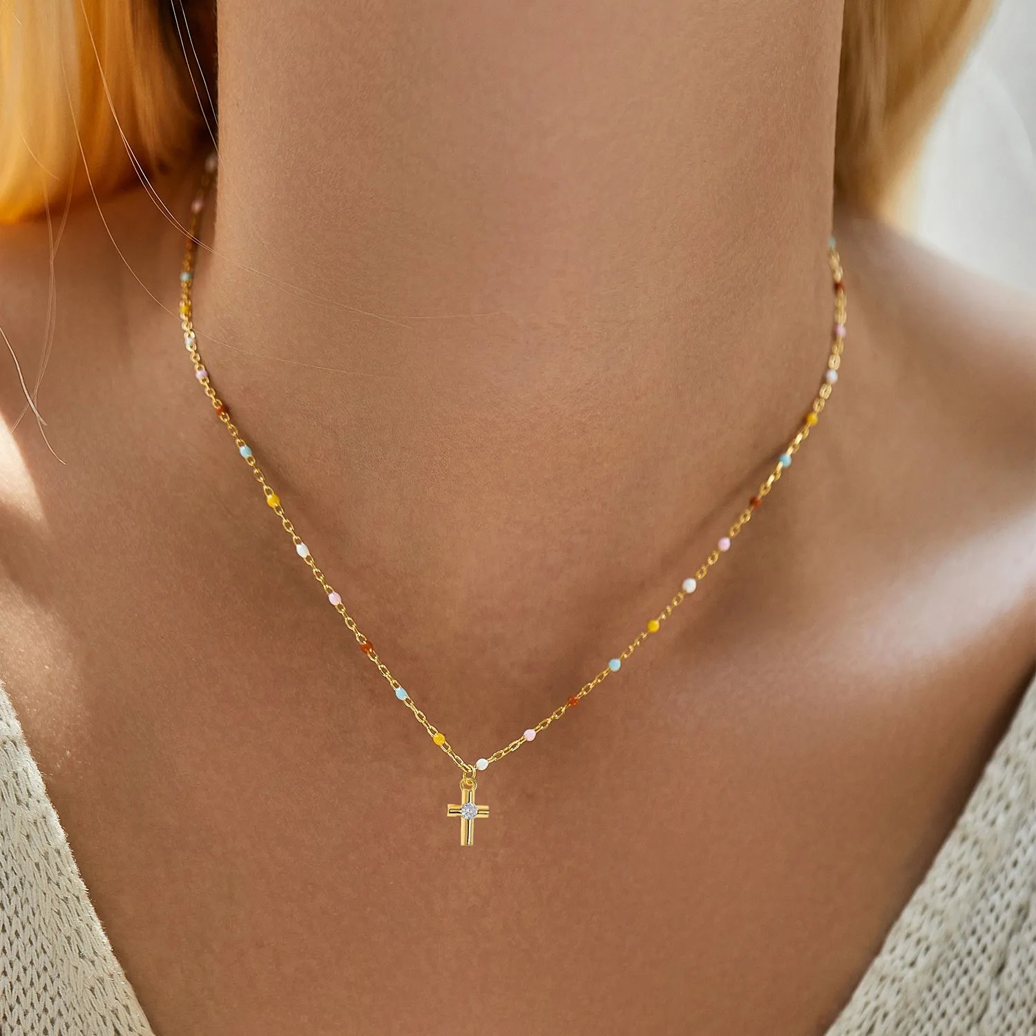 925 Sterling Silver Colorful Beaded Cross Pendant Necklace 80200459 - image1