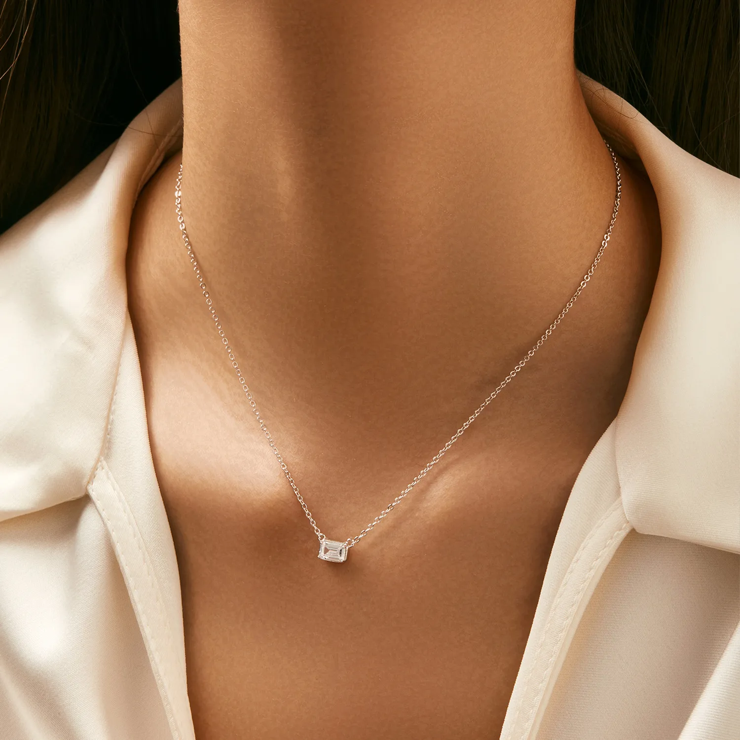 925 Sterling Silver Minimalist Emerald Cut Pendant Necklace 80200464 - image1