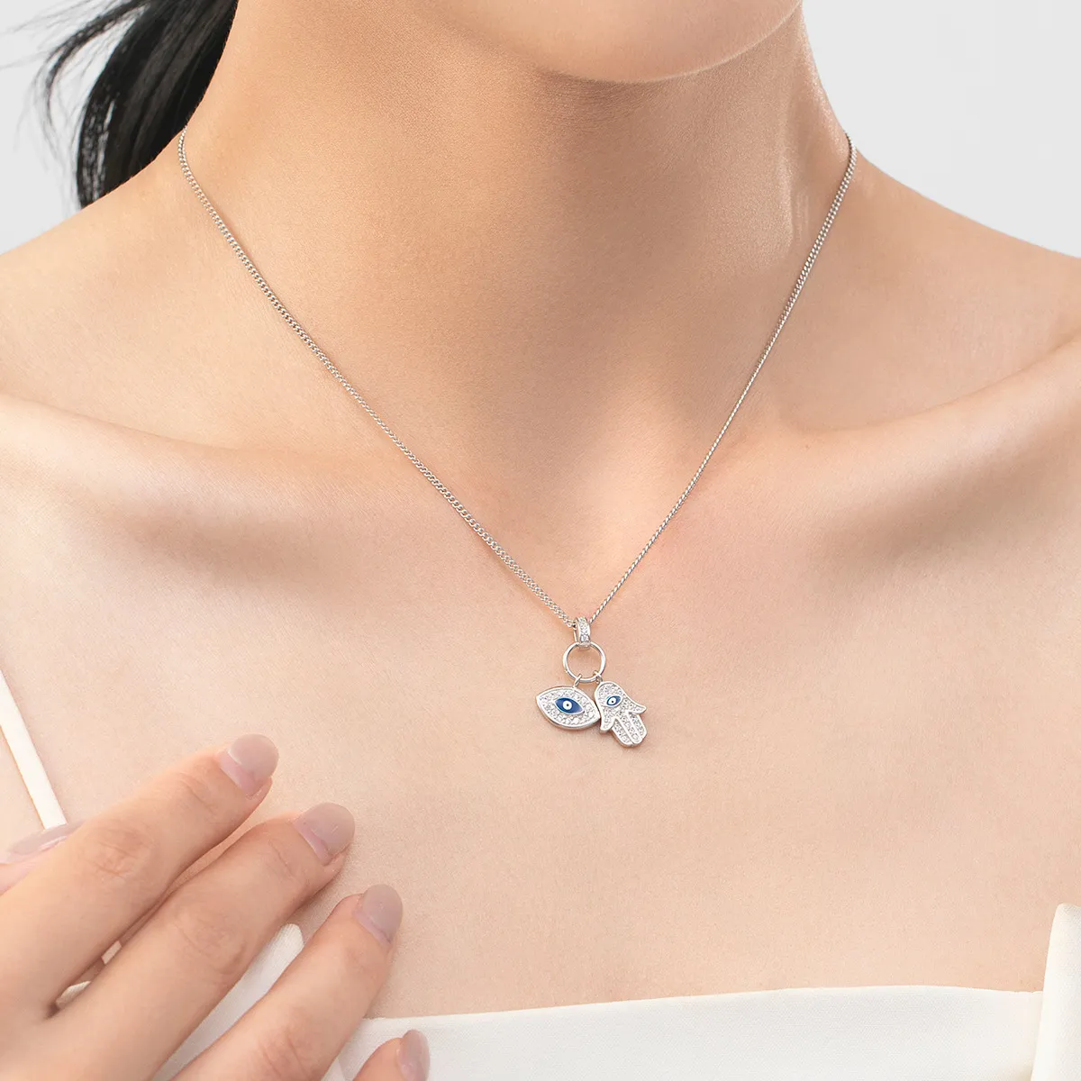 925 Sterling Silver CZ Evil Eye & Hamsa Enamel Necklace 80200473 - image1