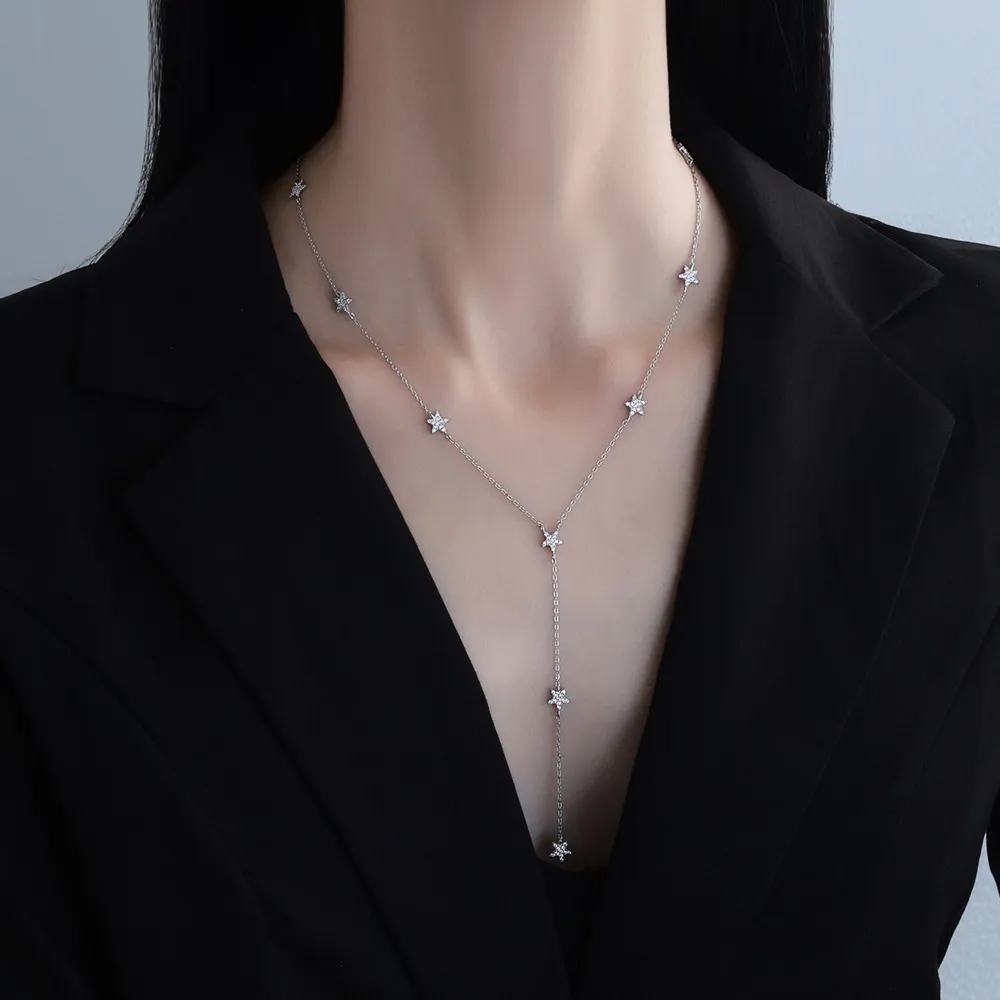 925 Sterling Silver Zircon Star Tassel Long Necklace 80200494 - image1
