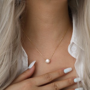925 Sterling Silver Pearl Zirconia Necklace 80200507