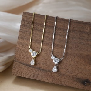 925 Sterling Silver Box Chain Pave Zircon Pendant Necklace 80200512