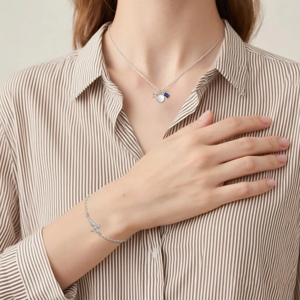 925 Sterling Silver DIY Geometric Star Coin Charm Necklace 80200516 - image1