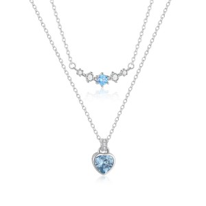 925 Sterling Silver Aquamarine Spinel Heart Curved Bar Necklace 80200518