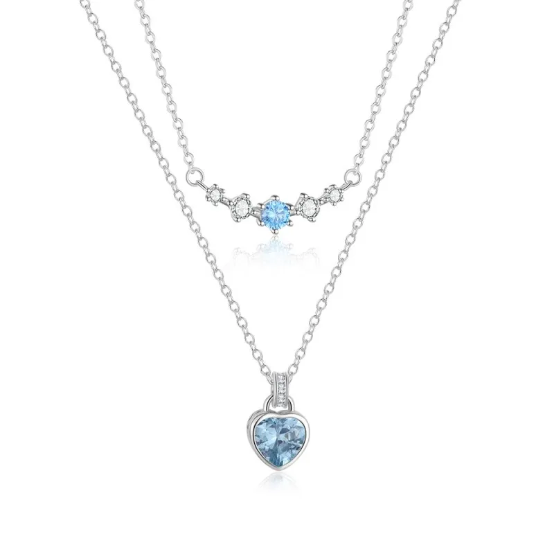 925 Sterling Silver Aquamarine Spinel Heart Curved Bar Necklace 80200518