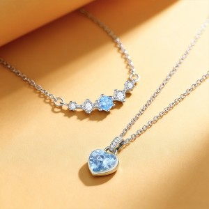 925 Sterling Silver Aquamarine Spinel Heart Curved Bar Necklace 80200518