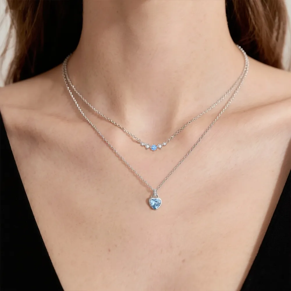 925 Sterling Silver Aquamarine Spinel Heart Curved Bar Necklace 80200518 - image1